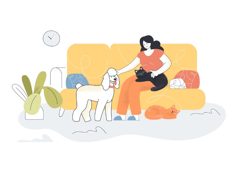 Illustrazione donna sul divano con animali domestici